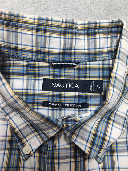 Vintage Nautica Wrinkle Resistant Checked Long Sleeve Sailboat Shirt Blue Men XL