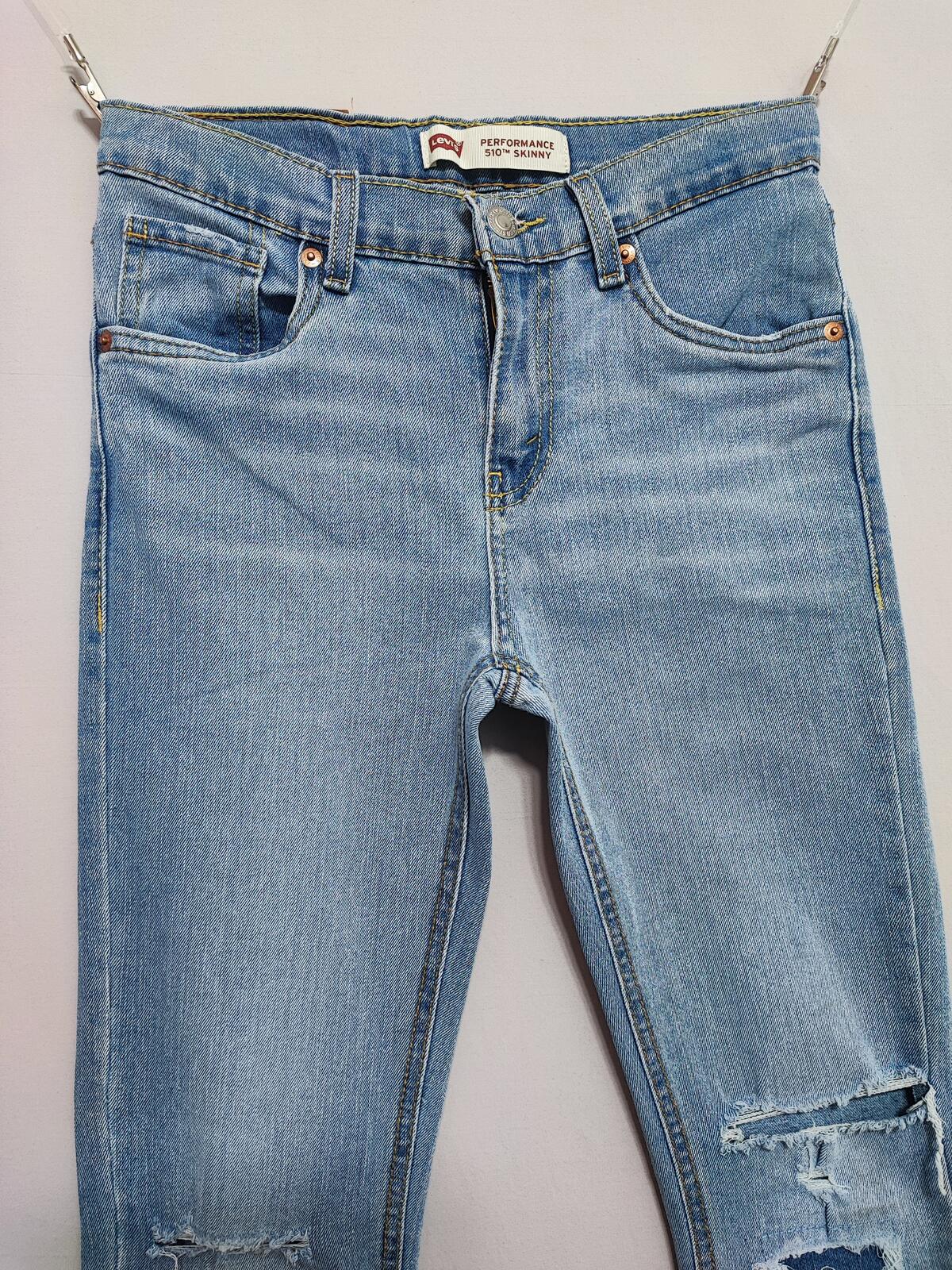 Vintage Levi's 510 Skinny Jeans Faded Blue Ripped Knee Youth Kids W27 L29