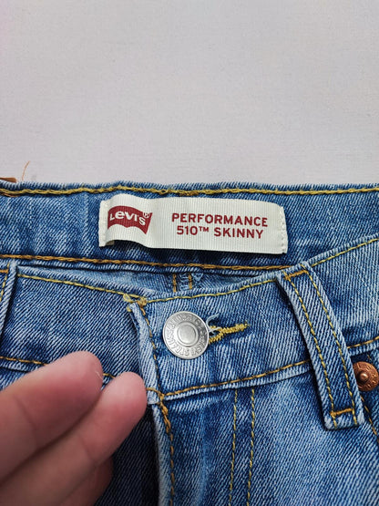 Vintage Levi's 510 Skinny Jeans Faded Blue Ripped Knee Youth Kids W27 L29