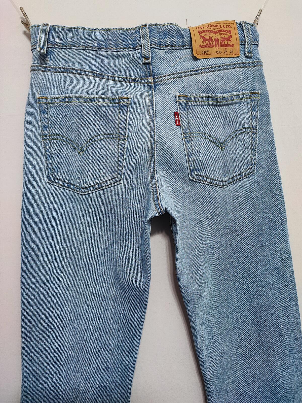 Vintage Levi's 510 Skinny Jeans Faded Blue Ripped Knee Youth Kids W27 L29