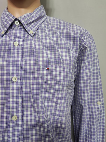 Vintage Tommy Hilfiger Checked Long Sleeve 2-Ply Cotton Shirt Purple Men Size XL