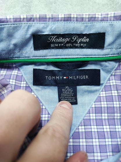 Vintage Tommy Hilfiger Checked Long Sleeve 2-Ply Cotton Shirt Purple Men Size XL