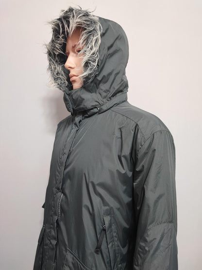 Vintage Helly Hansen Plain Grey Faux Fur Trim Hooded Parka Jacket Men Size XXL