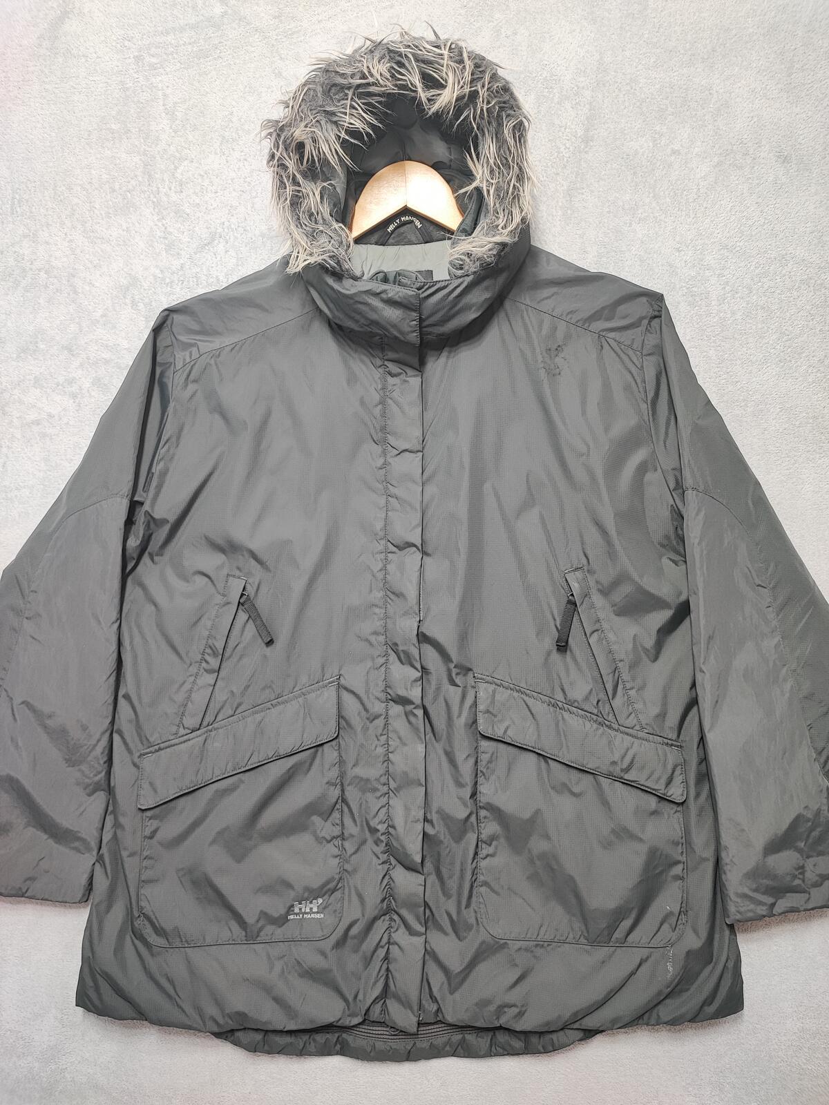 Vintage Helly Hansen Plain Grey Faux Fur Trim Hooded Parka Jacket Men Size XXL