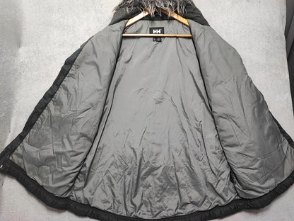 Vintage Helly Hansen Plain Grey Faux Fur Trim Hooded Parka Jacket Men Size XXL
