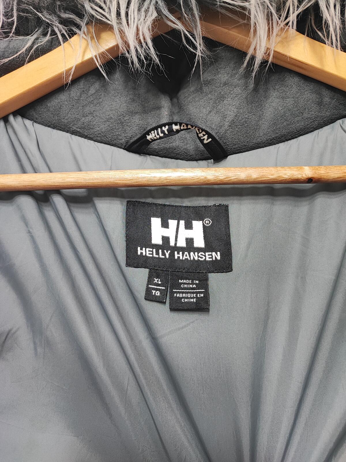 Vintage Helly Hansen Plain Grey Faux Fur Trim Hooded Parka Jacket Men Size XXL
