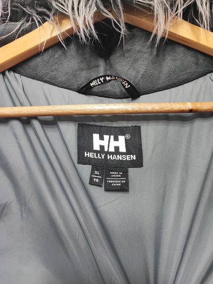 Vintage Helly Hansen Plain Grey Faux Fur Trim Hooded Parka Jacket Men Size XXL