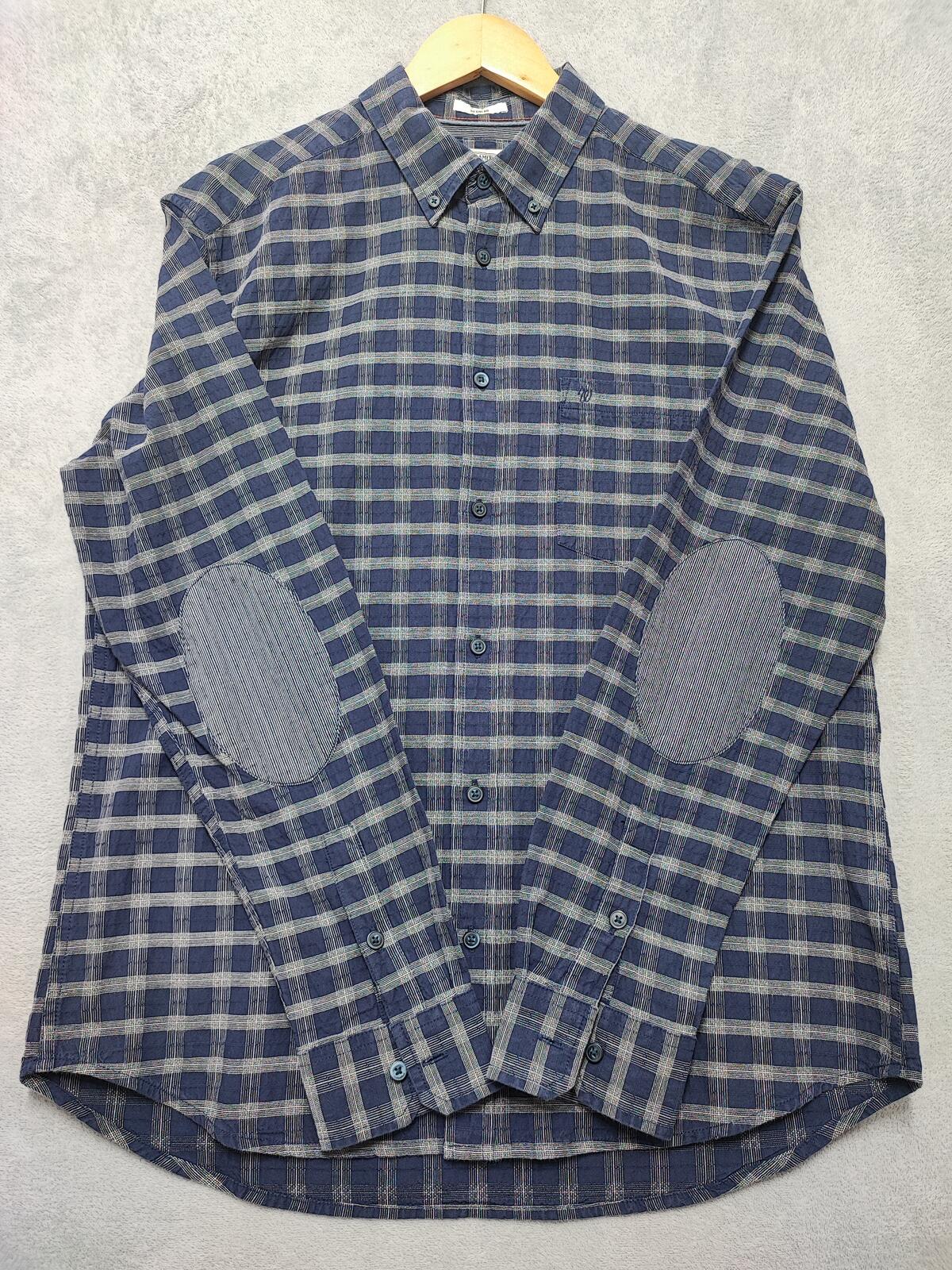 Vintage Wrangler Checked Long Sleeve Plaid Western Casual Shirt Navy Men Size Large
