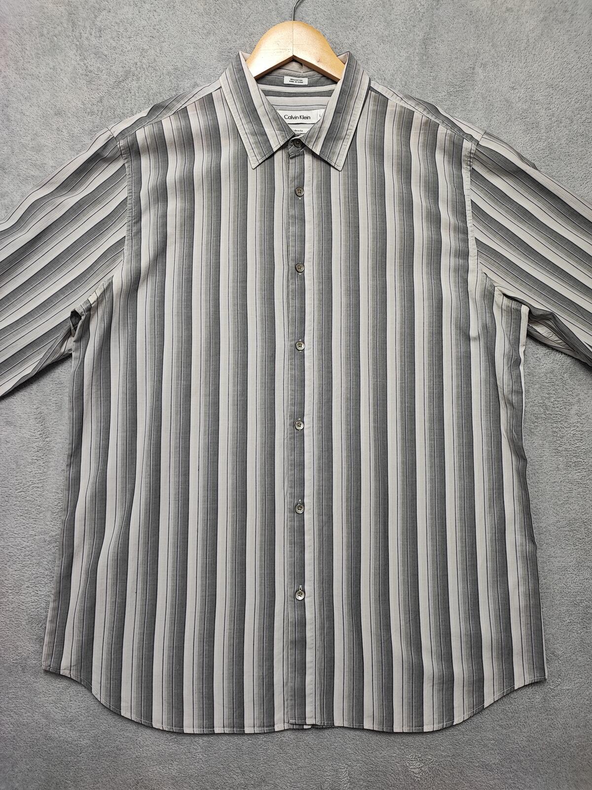 Vintage Calvin Klein Striped Long Sleeve Button Down Shirt Grey Men's Size Large