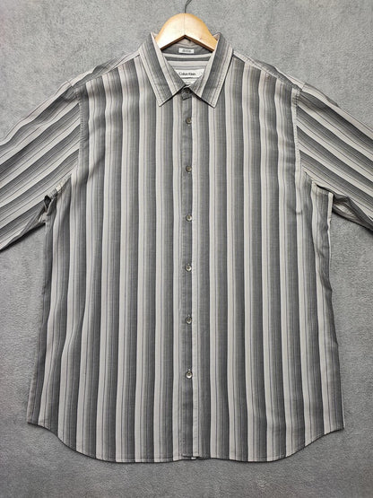 Vintage Calvin Klein Striped Long Sleeve Button Down Shirt Grey Men's Size Large