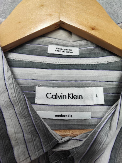 Vintage Calvin Klein Striped Long Sleeve Button Down Shirt Grey Men's Size Large