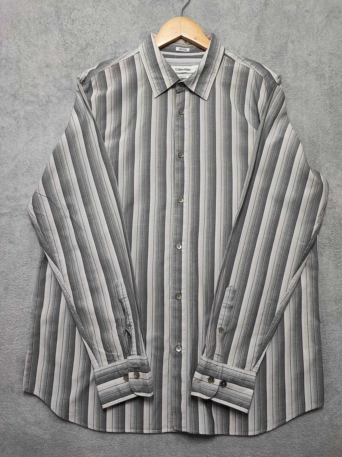Vintage Calvin Klein Striped Long Sleeve Button Down Shirt Grey Men's Size Large