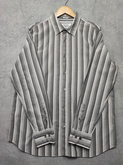 Vintage Calvin Klein Striped Long Sleeve Button Down Shirt Grey Men's Size Large