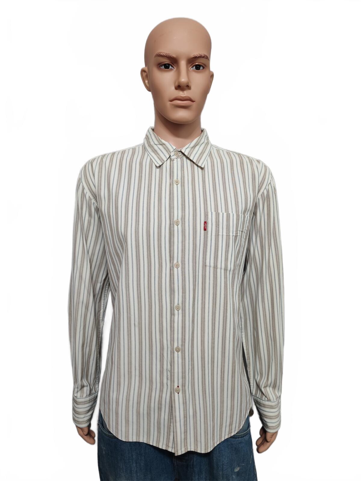 Vintage Levis Striped Shirt Large Cream Blue Brown Cotton Long Sleeve 90s Grunge