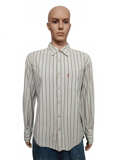 Vintage Levis Striped Shirt Large Cream Blue Brown Cotton Long Sleeve 90s Grunge