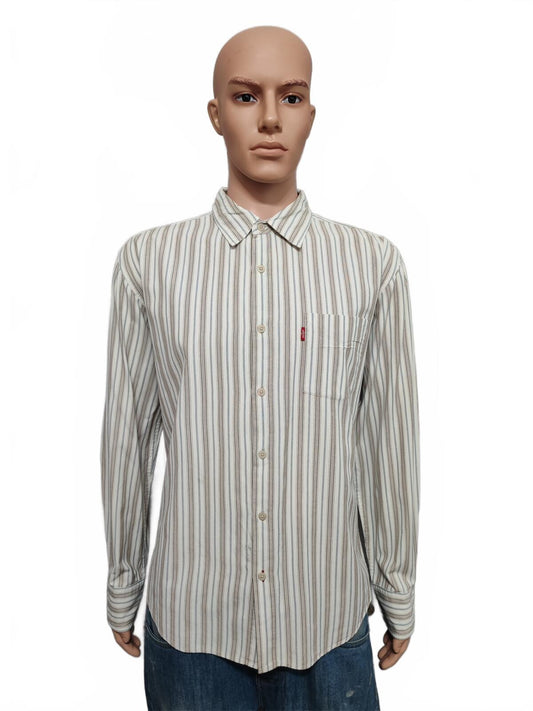 Vintage Levis Striped Shirt Large Cream Blue Brown Cotton Long Sleeve 90s Grunge