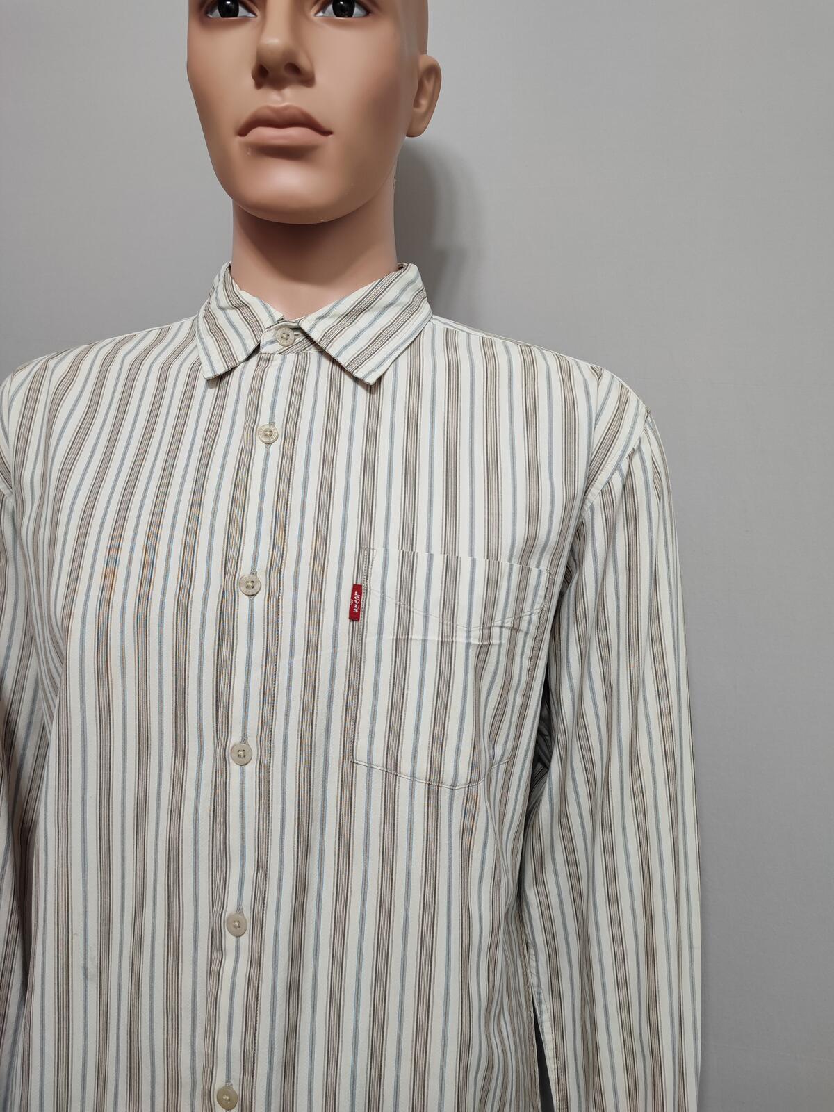 Vintage Levis Striped Shirt Large Cream Blue Brown Cotton Long Sleeve 90s Grunge