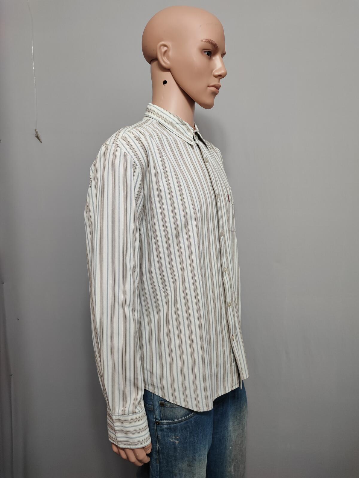 Vintage Levis Striped Shirt Large Cream Blue Brown Cotton Long Sleeve 90s Grunge