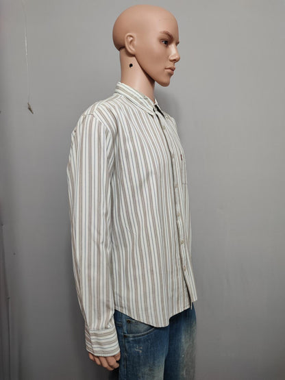 Vintage Levis Striped Shirt Large Cream Blue Brown Cotton Long Sleeve 90s Grunge