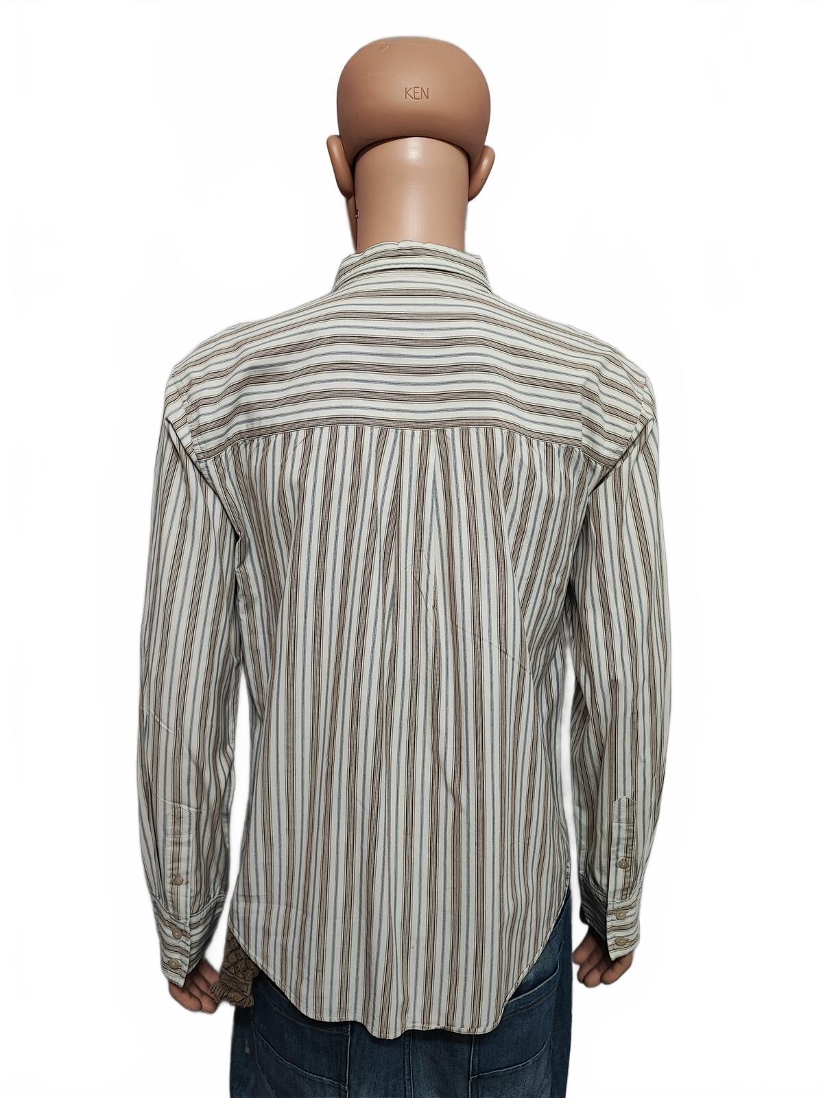 Vintage Levis Striped Shirt Large Cream Blue Brown Cotton Long Sleeve 90s Grunge