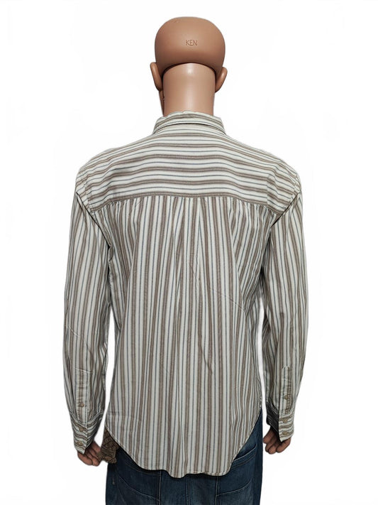 Vintage Levis Striped Shirt Large Cream Blue Brown Cotton Long Sleeve 90s Grunge