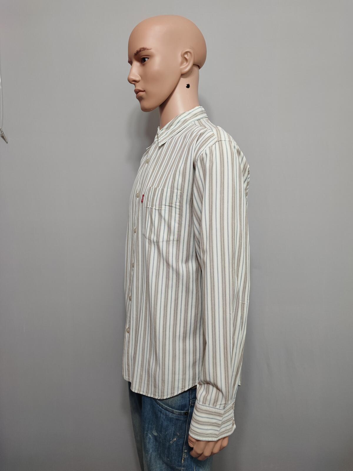 Vintage Levis Striped Shirt Large Cream Blue Brown Cotton Long Sleeve 90s Grunge