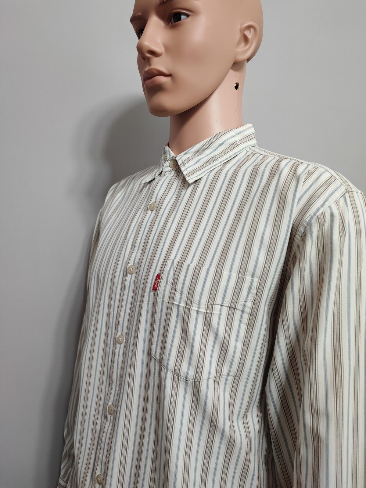 Vintage Levis Striped Shirt Large Cream Blue Brown Cotton Long Sleeve 90s Grunge