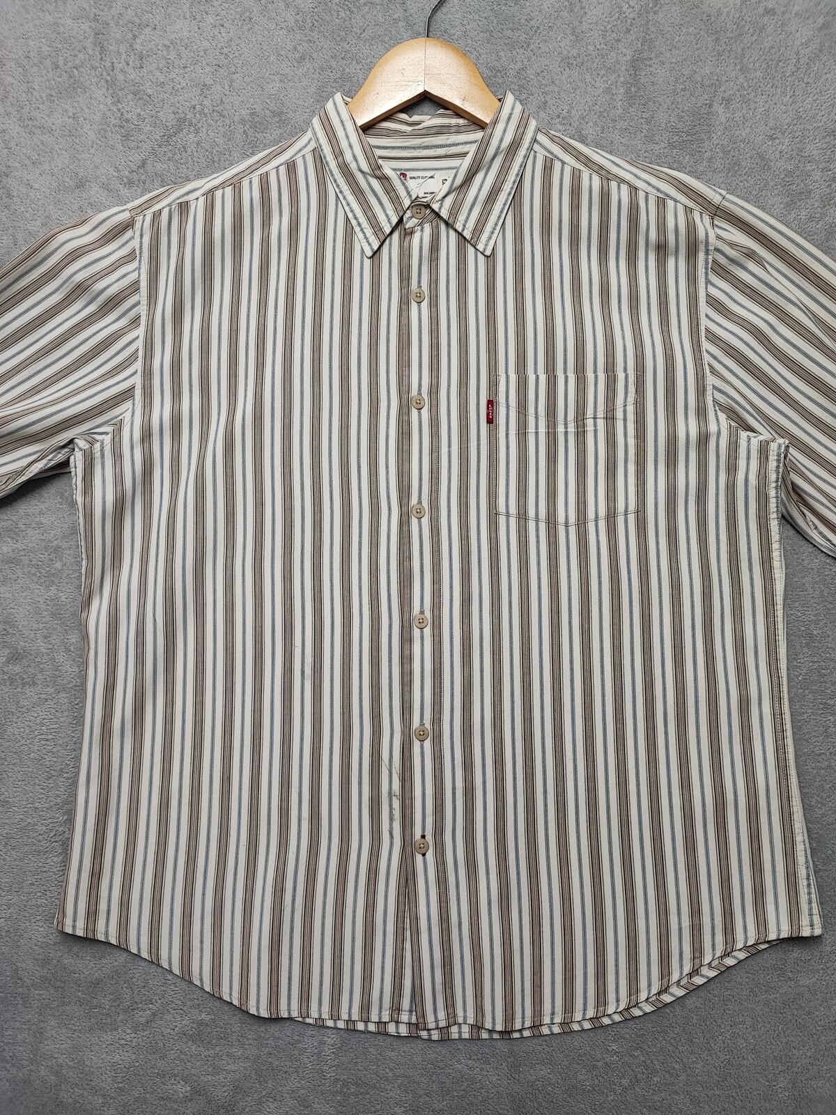 Vintage Levis Striped Shirt Large Cream Blue Brown Cotton Long Sleeve 90s Grunge