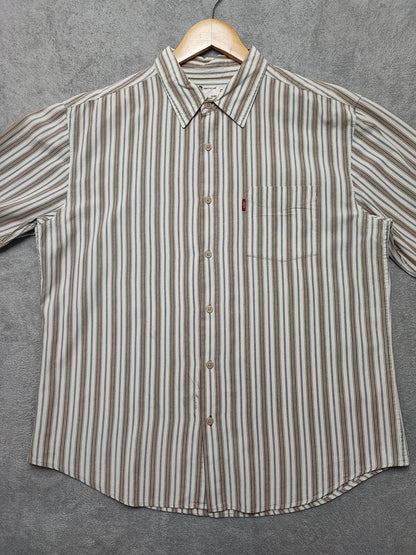 Vintage Levis Striped Shirt Large Cream Blue Brown Cotton Long Sleeve 90s Grunge