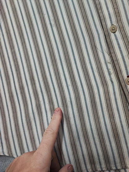 Vintage Levis Striped Shirt Large Cream Blue Brown Cotton Long Sleeve 90s Grunge