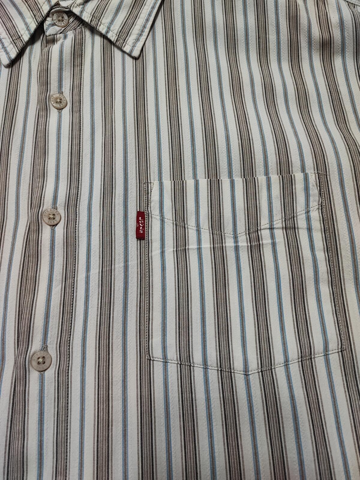 Vintage Levis Striped Shirt Large Cream Blue Brown Cotton Long Sleeve 90s Grunge