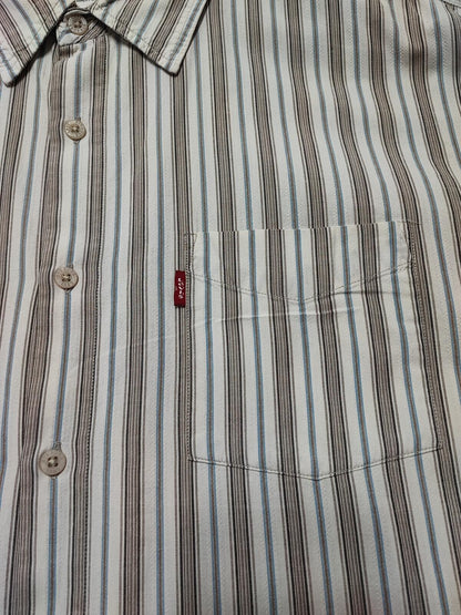 Vintage Levis Striped Shirt Large Cream Blue Brown Cotton Long Sleeve 90s Grunge