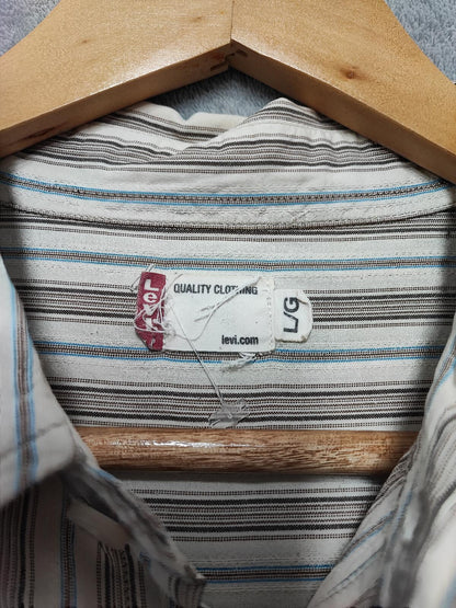 Vintage Levis Striped Shirt Large Cream Blue Brown Cotton Long Sleeve 90s Grunge