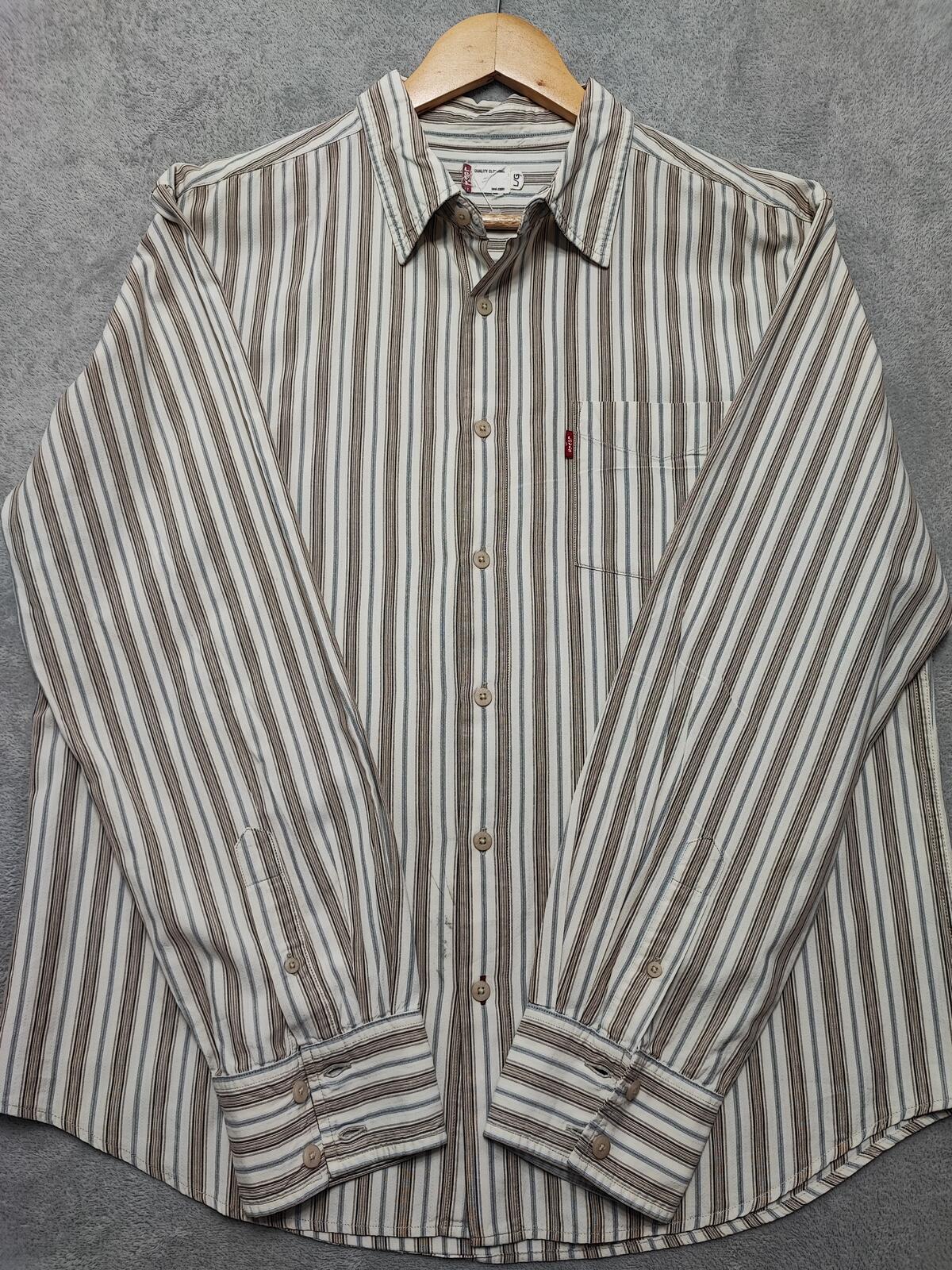 Vintage Levis Striped Shirt Large Cream Blue Brown Cotton Long Sleeve 90s Grunge