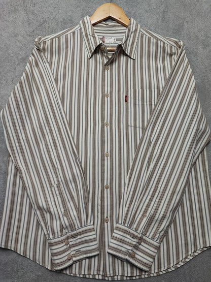 Vintage Levis Striped Shirt Large Cream Blue Brown Cotton Long Sleeve 90s Grunge