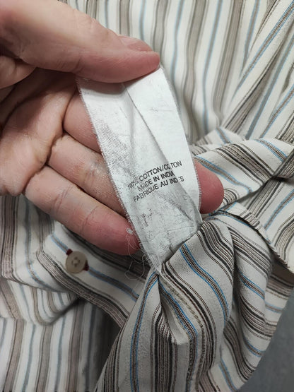 Vintage Levis Striped Shirt Large Cream Blue Brown Cotton Long Sleeve 90s Grunge