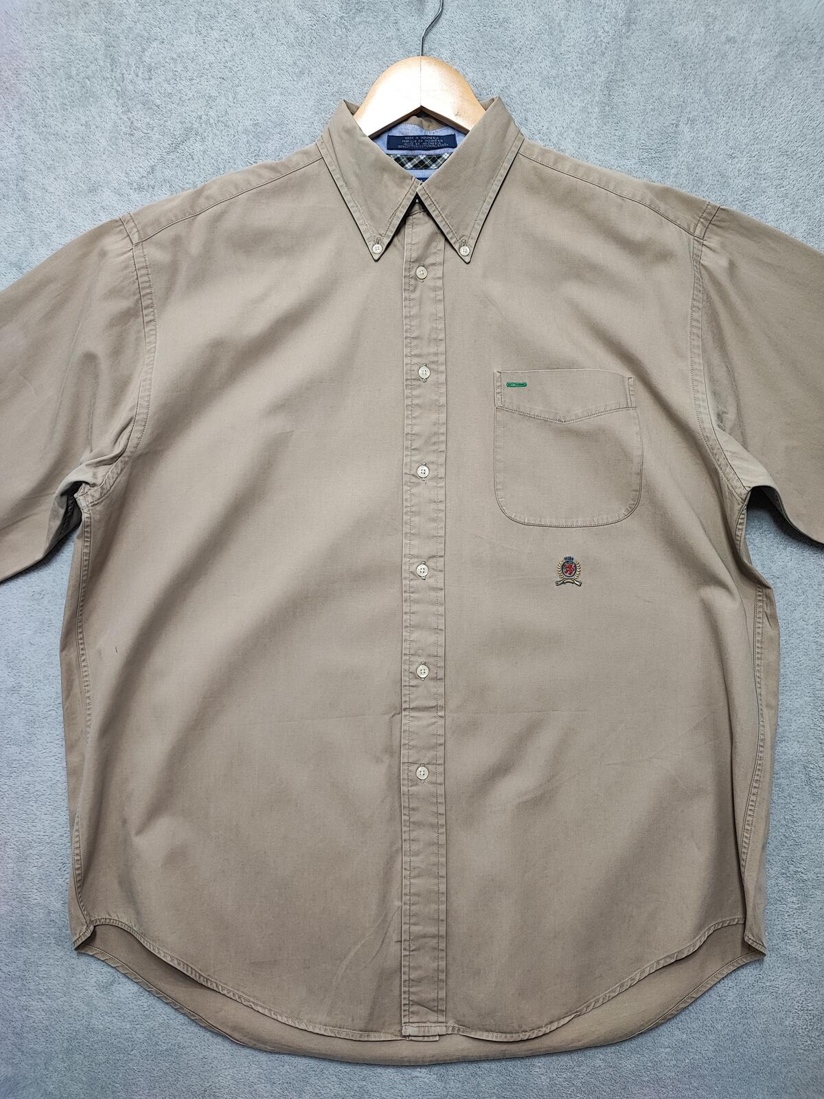 Vintage Tommy Hilfiger Plain Long Sleeve Button Down Shirt Tan Men Size XL