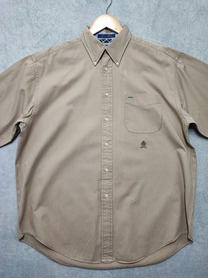Vintage Tommy Hilfiger Plain Long Sleeve Button Down Shirt Tan Men Size XL