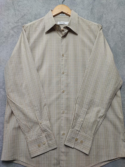 Vintage Calvin Klein Checked Long Sleeve Minimalist Casual Shirt Beige Men Large