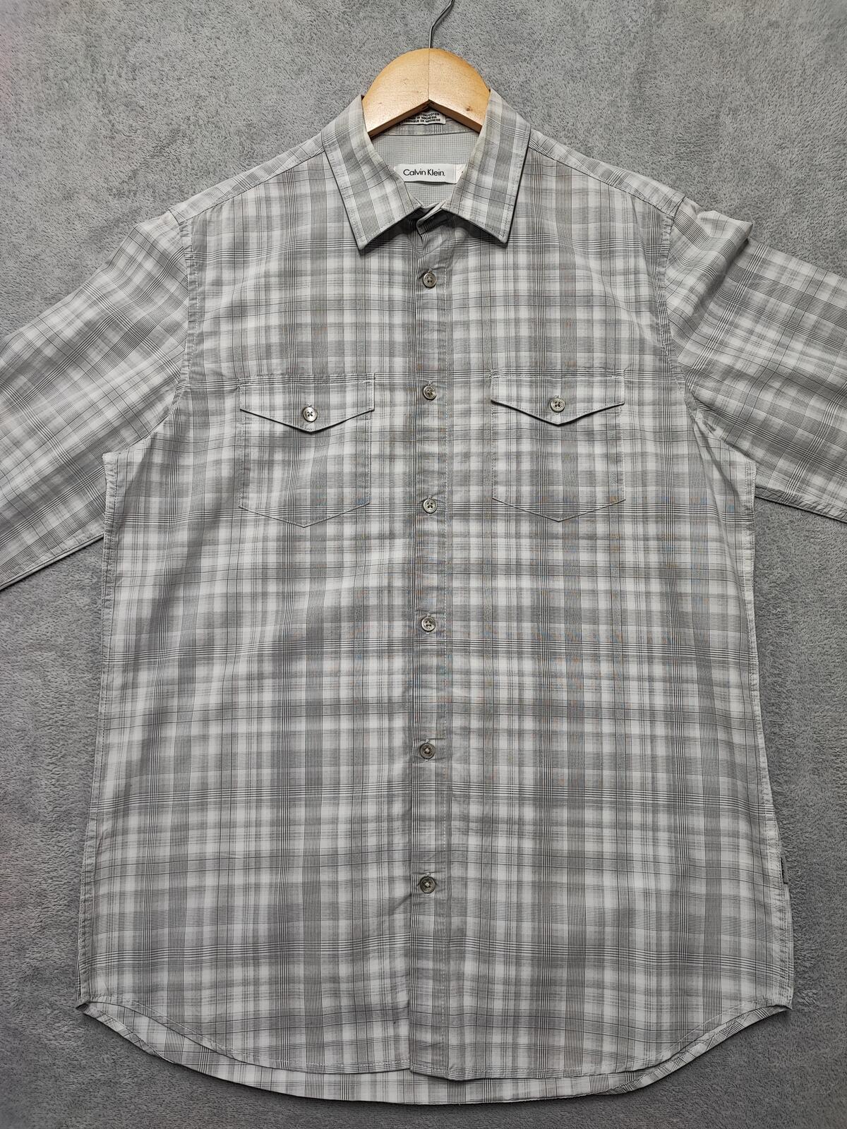 Vintage Calvin Klein Checked Shirt Medium Grey White Cotton Long Sleeve 90s Y2K