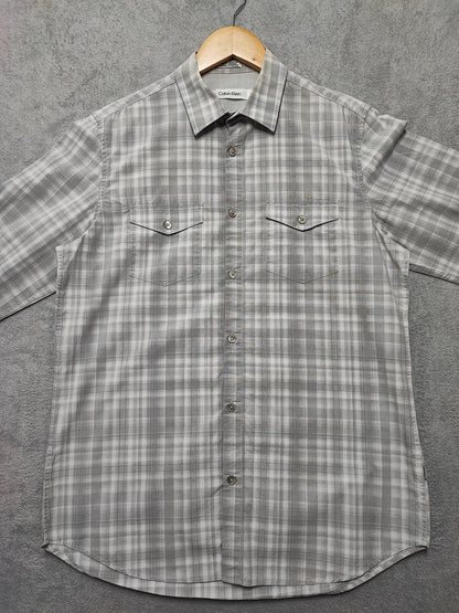 Vintage Calvin Klein Checked Shirt Medium Grey White Cotton Long Sleeve 90s Y2K