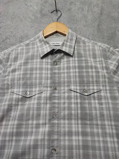 Vintage Calvin Klein Checked Shirt Medium Grey White Cotton Long Sleeve 90s Y2K