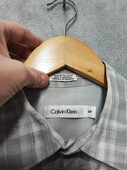 Vintage Calvin Klein Checked Shirt Medium Grey White Cotton Long Sleeve 90s Y2K