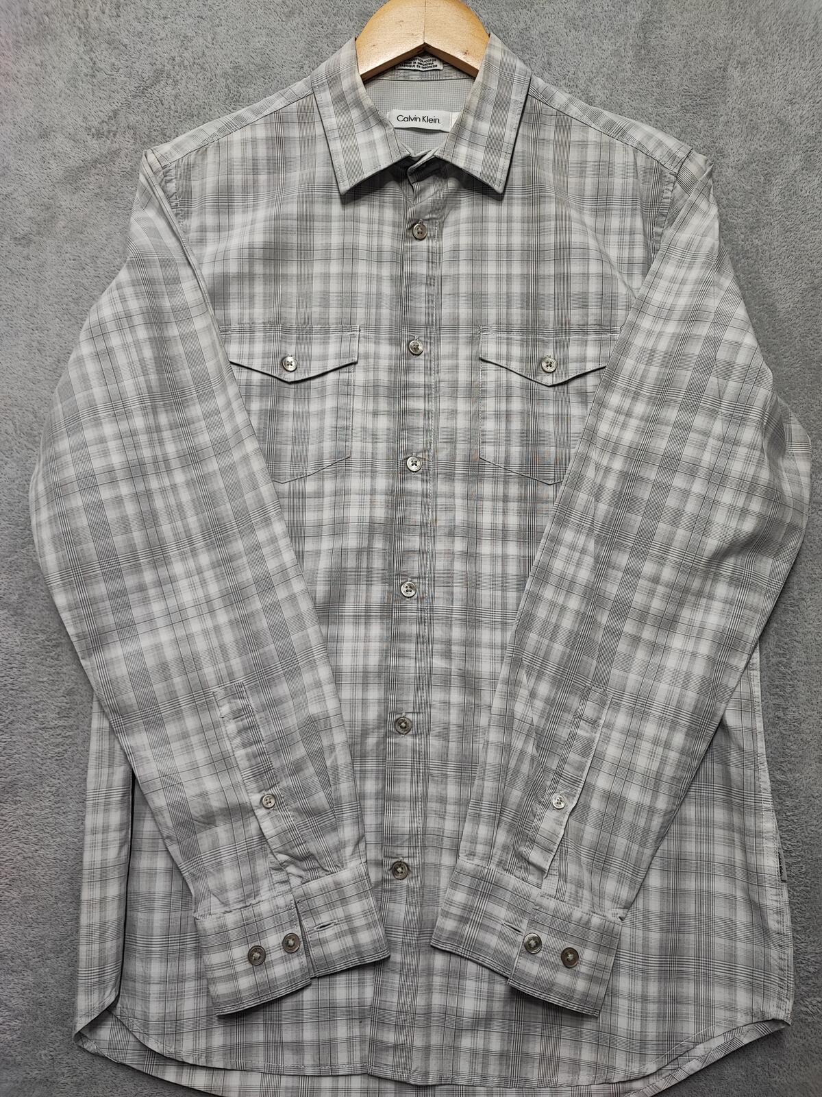 Vintage Calvin Klein Checked Shirt Medium Grey White Cotton Long Sleeve 90s Y2K