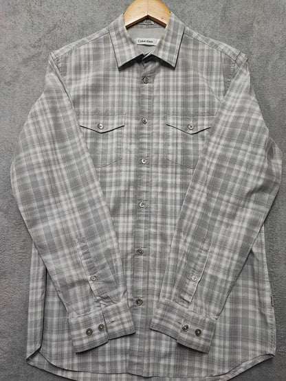 Vintage Calvin Klein Checked Shirt Medium Grey White Cotton Long Sleeve 90s Y2K