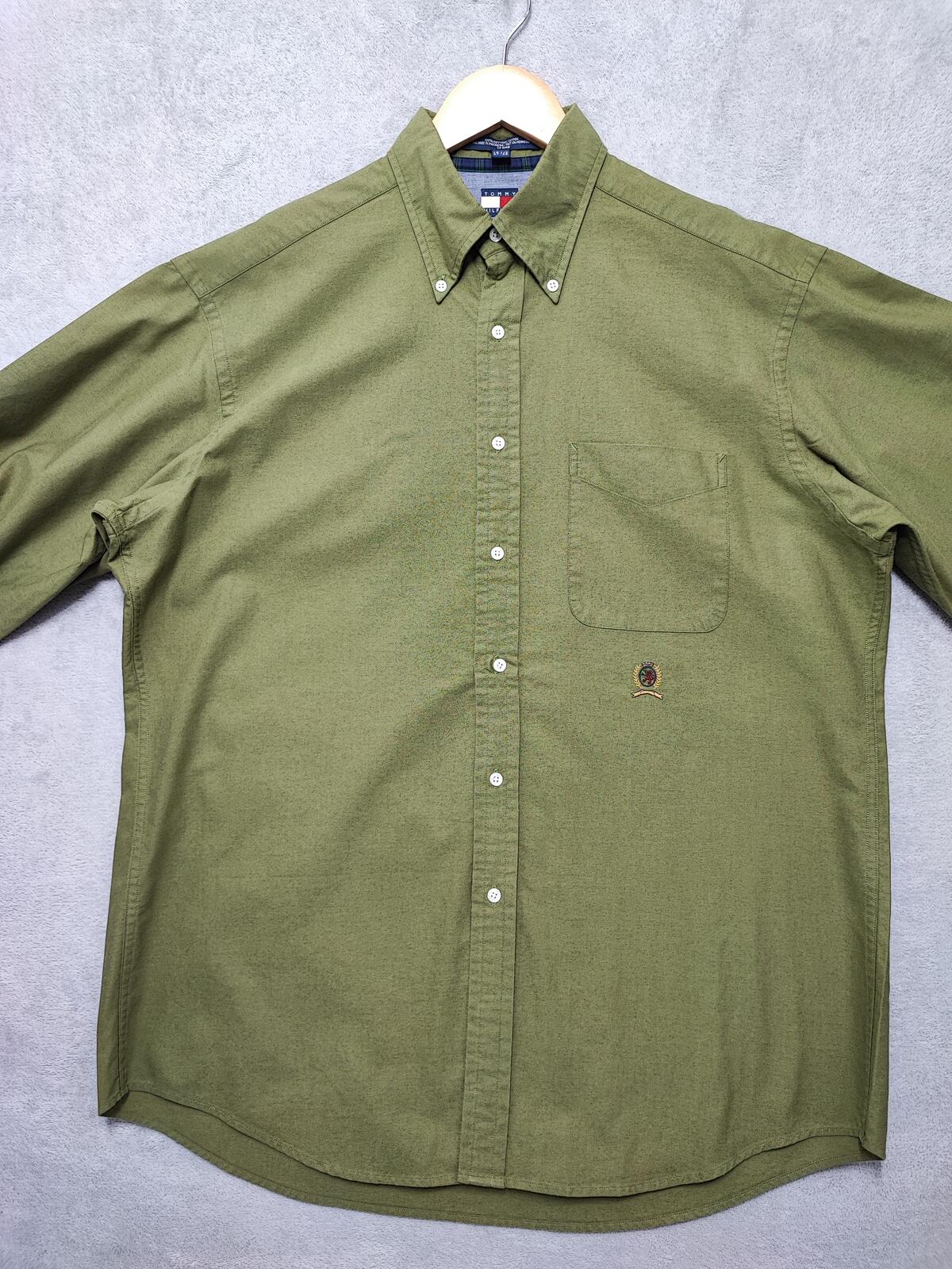 Vintage Tommy Hilfiger Plain Long Sleeve Shirt Green Khaki Men's Size XL