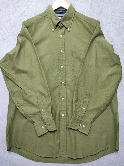 Vintage Tommy Hilfiger Plain Long Sleeve Shirt Green Khaki Men's Size XL