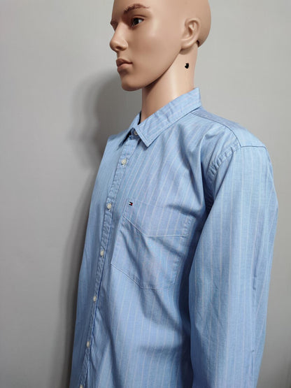 Vintage Tommy Hilfiger Striped Shirt XL Blue White Yellow Cotton 90s Preppy Dad