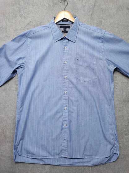 Vintage Tommy Hilfiger Striped Shirt XL Blue White Yellow Cotton 90s Preppy Dad