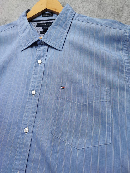 Vintage Tommy Hilfiger Striped Shirt XL Blue White Yellow Cotton 90s Preppy Dad
